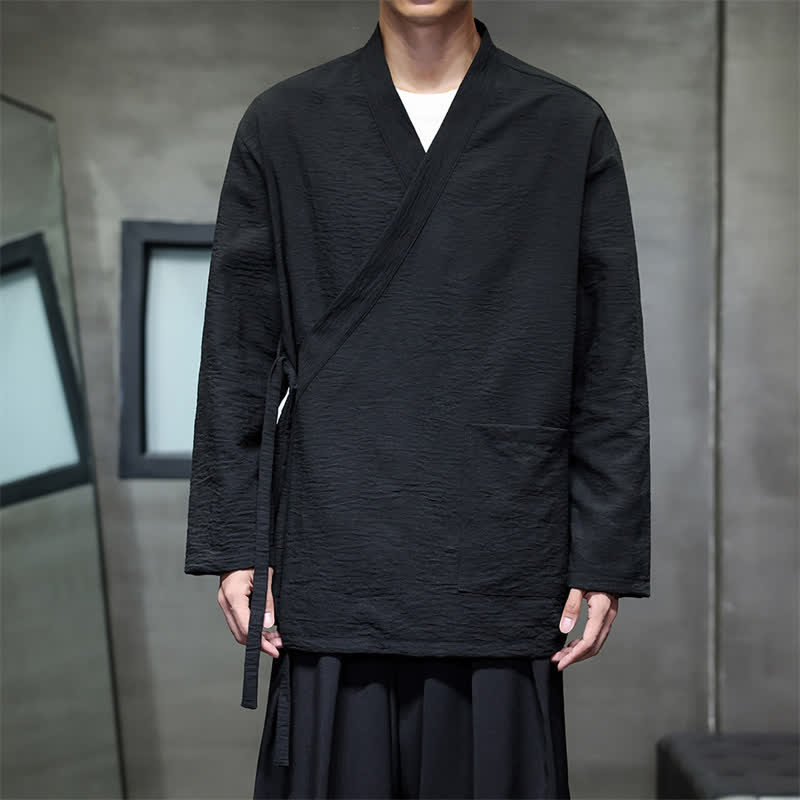 Buddha Stones Spring Casual Minimalist Tang Style Drawstring Solid Men's Kimono With Pockets - Black - US/UK/AU48，EU58 (4XL) - image 6