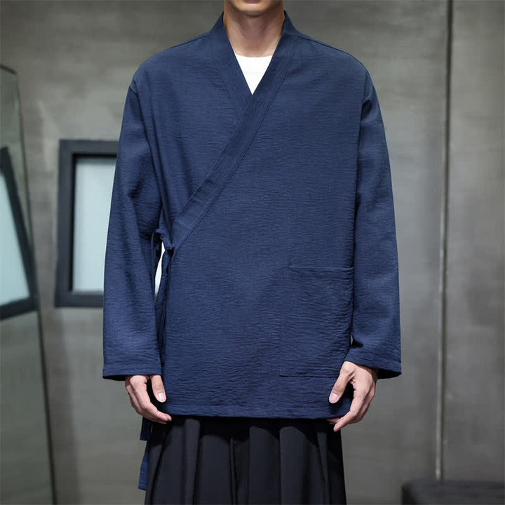 Buddha Stones Spring Casual Minimalist Tang Style Drawstring Solid Men's Kimono With Pockets - MidnightBlue - US/UK/AU48，EU58 (4XL) - image 13