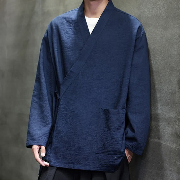 Buddha Stones Spring Casual Minimalist Tang Style Drawstring Solid Men's Kimono With Pockets - image 14
