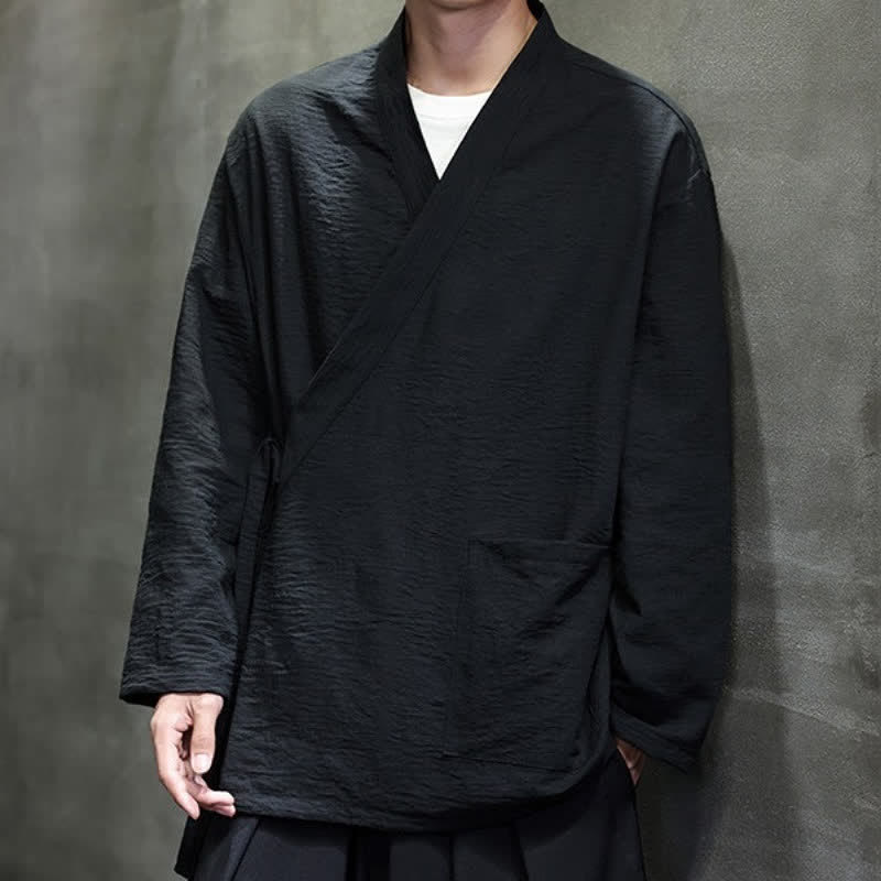 Buddha Stones Spring Casual Minimalist Tang Style Drawstring Solid Men's Kimono With Pockets - image 7