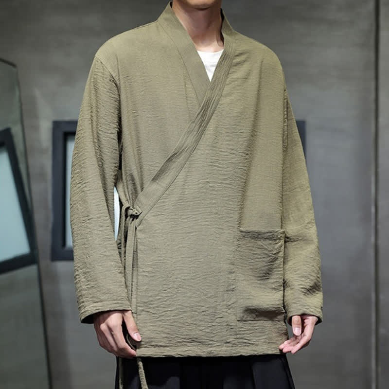 Buddha Stones Spring Casual Minimalist Tang Style Drawstring Solid Men's Kimono With Pockets - image 1