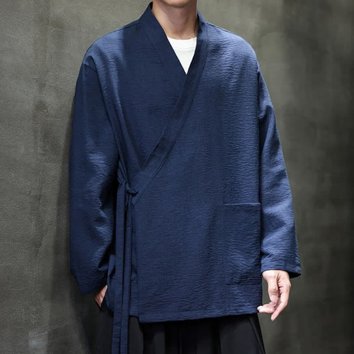 Buddha Stones Spring Casual Minimalist Tang Style Drawstring Solid Men's Kimono With Pockets - image 18