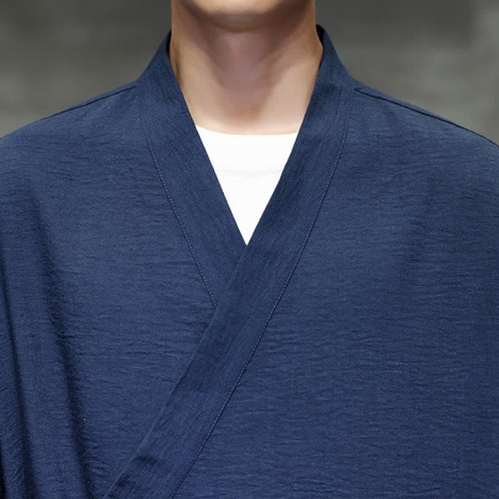 Buddha Stones Spring Casual Minimalist Tang Style Drawstring Solid Men's Kimono With Pockets - image 19