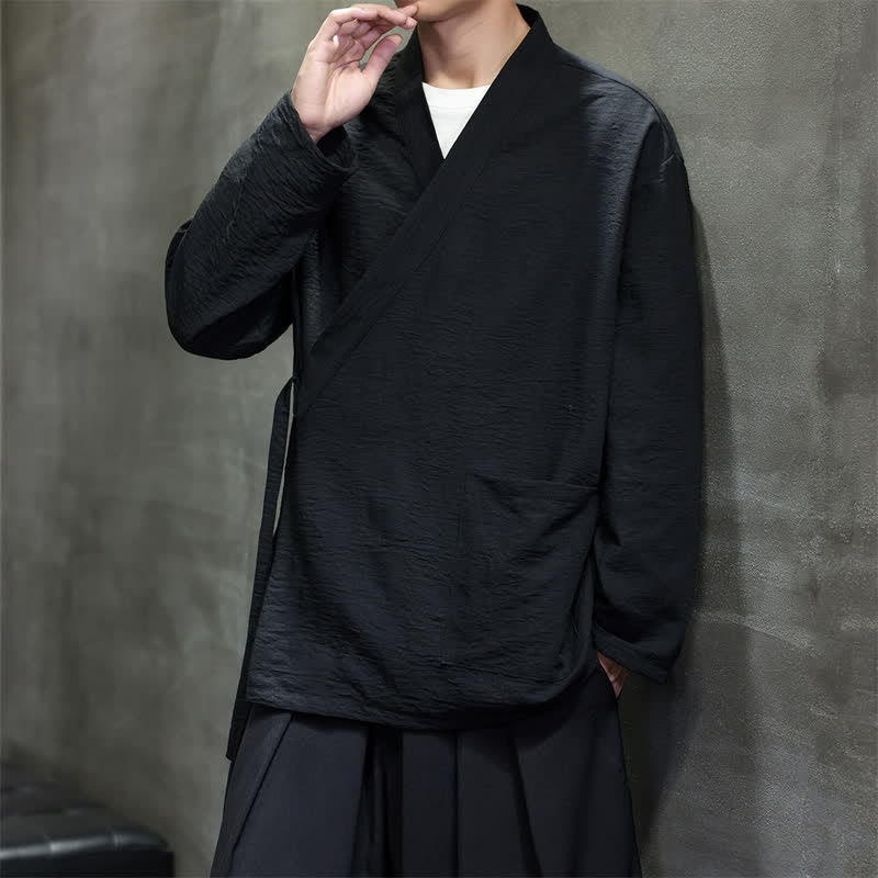 Buddha Stones Spring Casual Minimalist Tang Style Drawstring Solid Men's Kimono With Pockets - image 9
