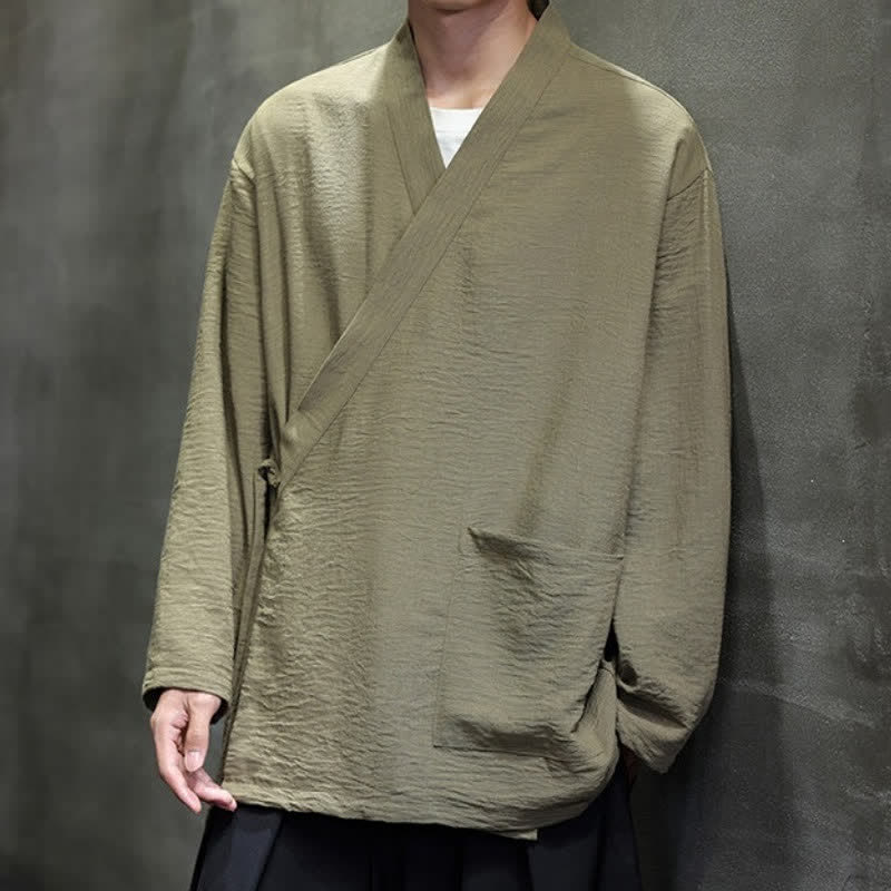 Buddha Stones Spring Casual Minimalist Tang Style Drawstring Solid Men's Kimono With Pockets - image 5