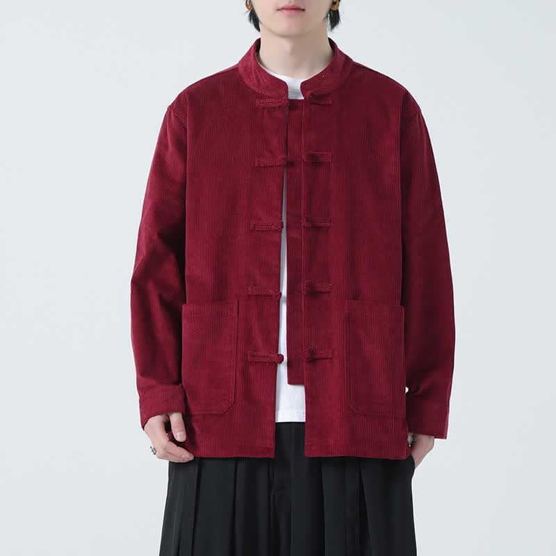 Buddha Stones Fall Winter Casual Tang Style Frog Button Solid Corduroy Men's Jacket With Pockets - DarkRed - US/UK/AU46，EU56 (5XL) - image 14