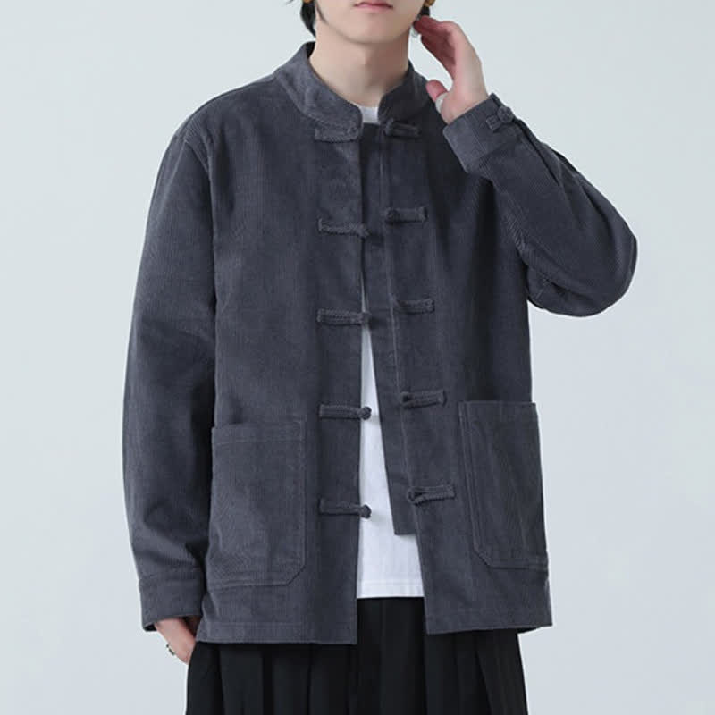 Buddha Stones Fall Winter Casual Tang Style Frog Button Solid Corduroy Men's Jacket With Pockets - image 9