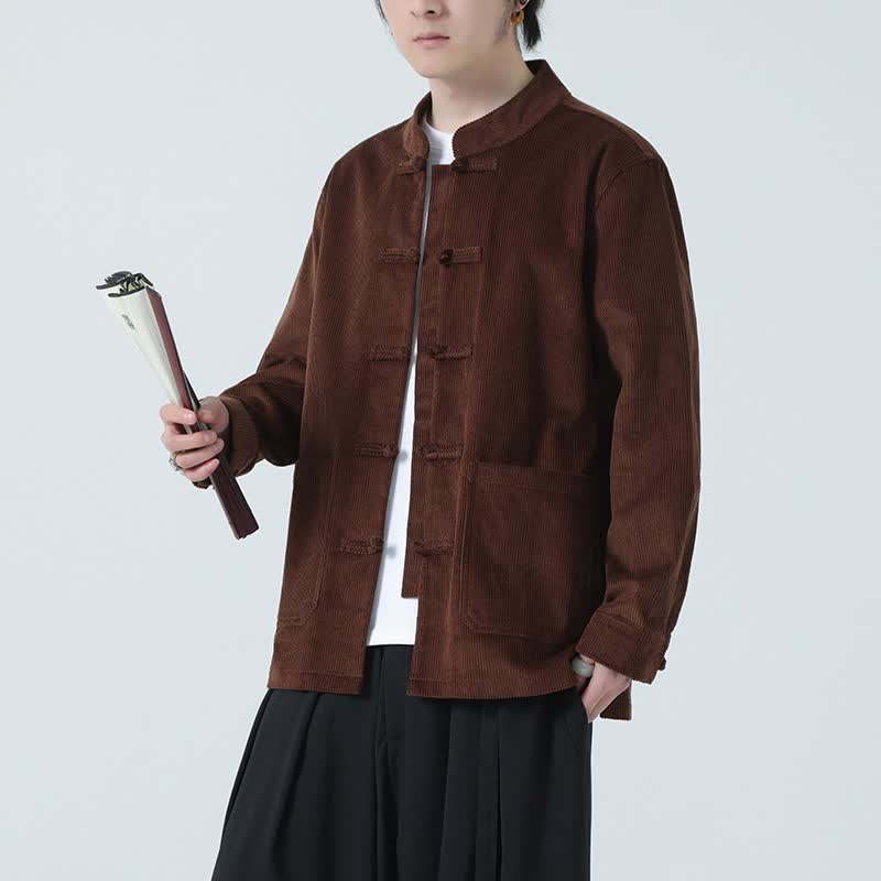 Buddha Stones Fall Winter Casual Tang Style Frog Button Solid Corduroy Men's Jacket With Pockets - image 25