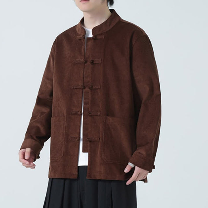 Buddha Stones Fall Winter Casual Tang Style Frog Button Solid Corduroy Men's Jacket With Pockets - image 28