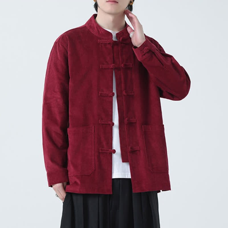 Buddha Stones Fall Winter Casual Tang Style Frog Button Solid Corduroy Men's Jacket With Pockets - image 20