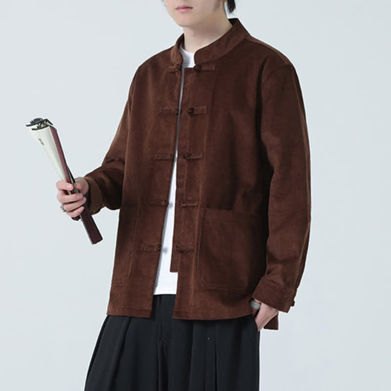 Buddha Stones Fall Winter Casual Tang Style Frog Button Solid Corduroy Men's Jacket With Pockets - image 27