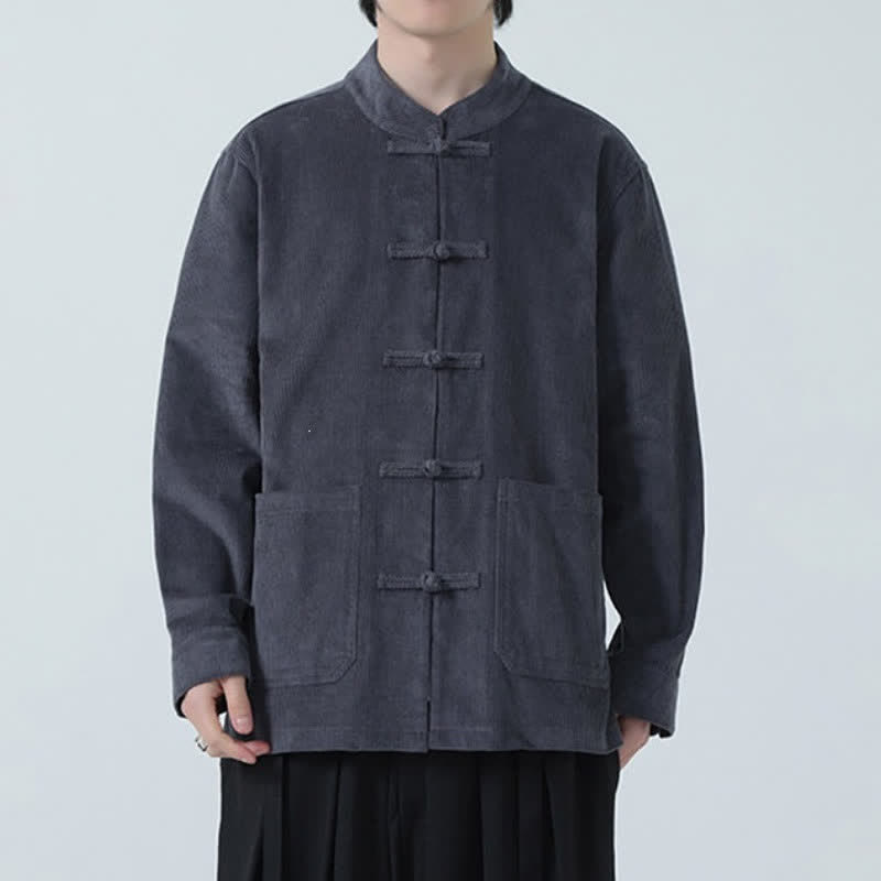 Buddha Stones Fall Winter Casual Tang Style Frog Button Solid Corduroy Men's Jacket With Pockets - image 11
