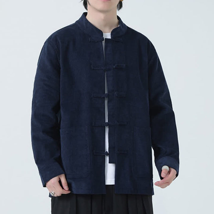 Buddha Stones Fall Winter Casual Tang Style Frog Button Solid Corduroy Men's Jacket With Pockets - image 5