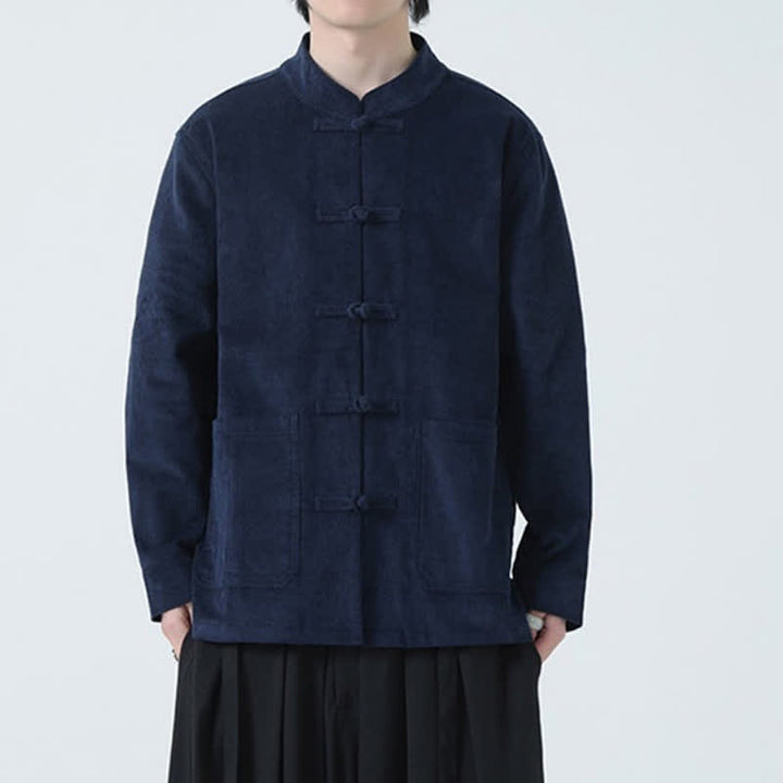 Buddha Stones Fall Winter Casual Tang Style Frog Button Solid Corduroy Men's Jacket With Pockets - image 2