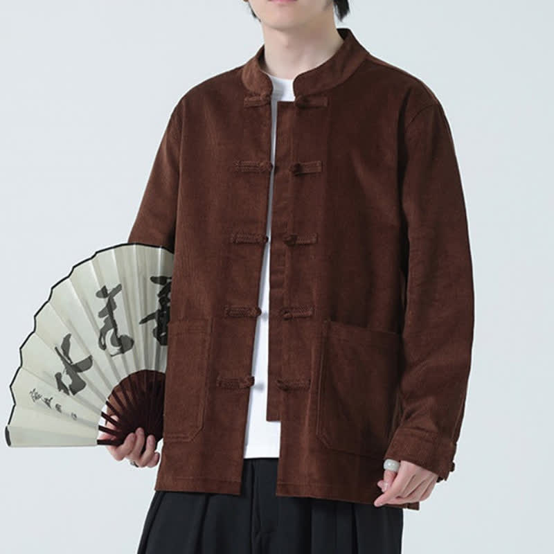 Buddha Stones Fall Winter Casual Tang Style Frog Button Solid Corduroy Men's Jacket With Pockets - image 22