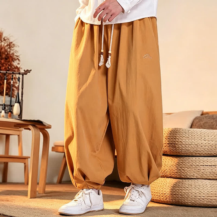 Buddha Stones Fall Casual Minimalist Drawstring Solid Embroidery Cloud Long Pants Men's Harem Pants With Pockets - image 17