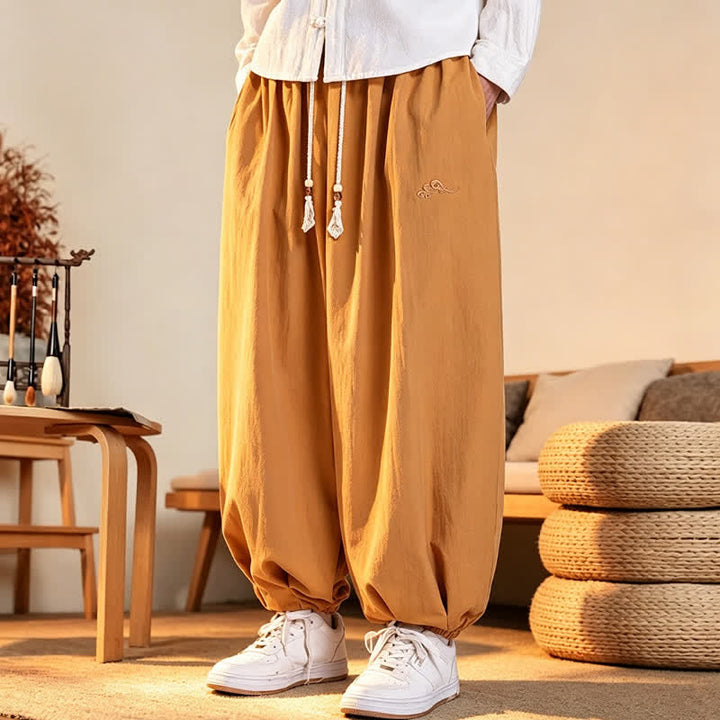 Buddha Stones Fall Casual Minimalist Drawstring Solid Embroidery Cloud Long Pants Men's Harem Pants With Pockets - image 16