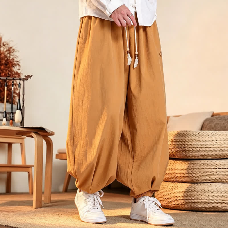 Buddha Stones Fall Casual Minimalist Drawstring Solid Embroidery Cloud Long Pants Men's Harem Pants With Pockets - image 14