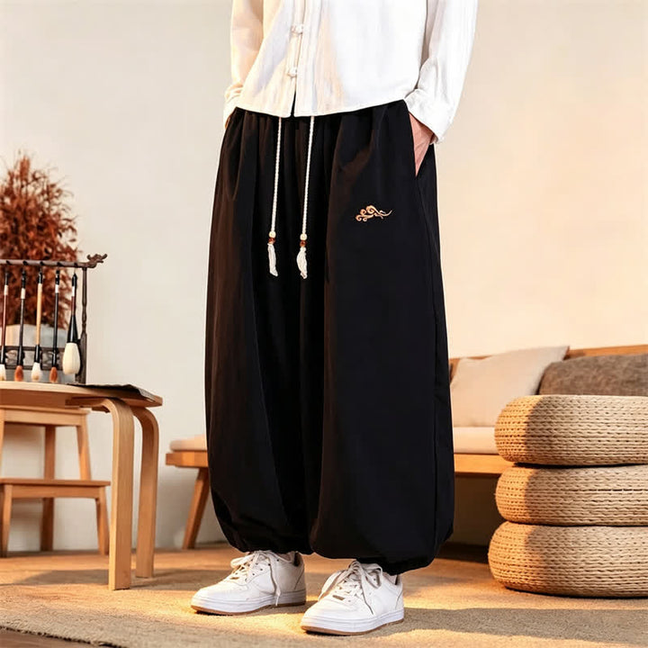 Buddha Stones Fall Casual Minimalist Drawstring Solid Embroidery Cloud Long Pants Men's Harem Pants With Pockets - image 10