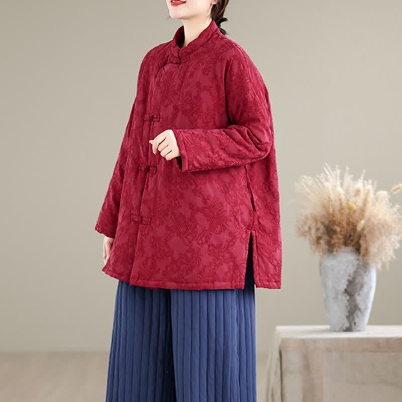 Buddha Stones Fall Winter Vintage Tang Style Mandarin Collar Frog Button Floral Women's Jacket With Pocket - image 7