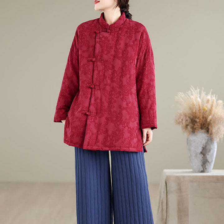 Buddha Stones Fall Winter Vintage Tang Style Mandarin Collar Frog Button Floral Women's Jacket With Pocket - image 1