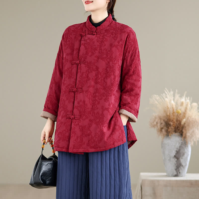 Buddha Stones Fall Winter Vintage Tang Style Mandarin Collar Frog Button Floral Women's Jacket With Pocket - image 2