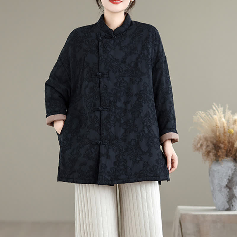 Buddha Stones Fall Winter Vintage Tang Style Mandarin Collar Frog Button Floral Women's Jacket With Pocket - image 17
