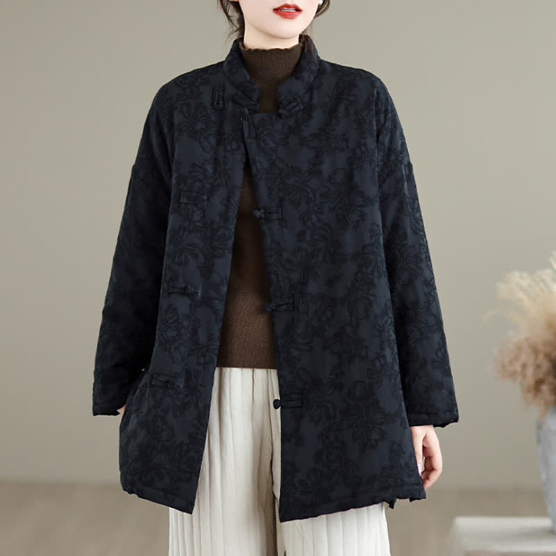Buddha Stones Fall Winter Vintage Tang Style Mandarin Collar Frog Button Floral Women's Jacket With Pocket - image 14