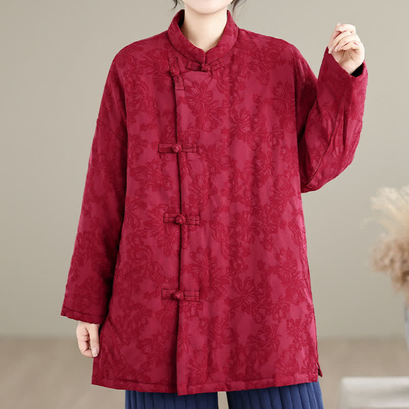 Buddha Stones Fall Winter Vintage Tang Style Mandarin Collar Frog Button Floral Women's Jacket With Pocket - image 3