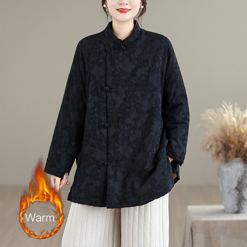 Buddha Stones Fall Winter Vintage Tang Style Mandarin Collar Frog Button Floral Women's Jacket With Pocket - Black - US8-10，UK/AU12-14，EU40-42 (2XL) - image 13