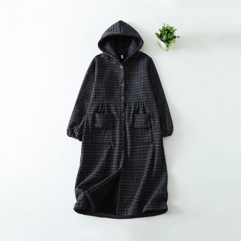 Buddha Stones Fall Winter Casual Vintage Button-Up Plaid Hooded Women's Coat With Pocket - MidnightBlue - US8-10，UK/AU12-14，EU40-42 (2XL) - image 9