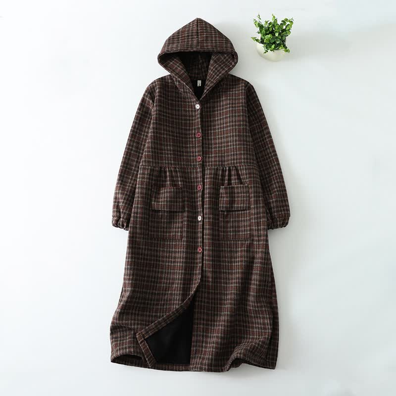 Buddha Stones Fall Winter Casual Vintage Button-Up Plaid Hooded Women's Coat With Pocket - Brown - US8-10，UK/AU12-14，EU40-42 (2XL) - image 1