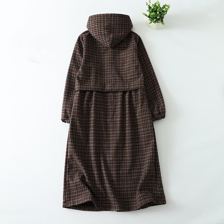 Buddha Stones Fall Winter Casual Vintage Button-Up Plaid Hooded Women's Coat With Pocket - image 2