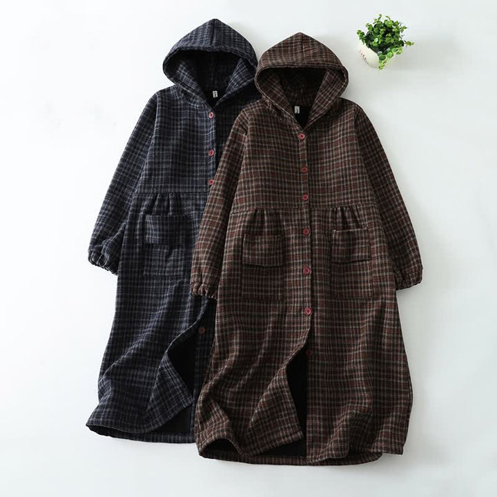 Buddha Stones Fall Winter Casual Vintage Button-Up Plaid Hooded Women's Coat With Pocket - image 0