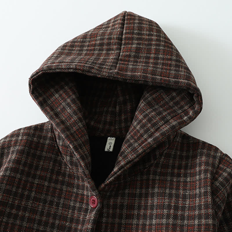 Buddha Stones Fall Winter Casual Vintage Button-Up Plaid Hooded Women's Coat With Pocket - image 3