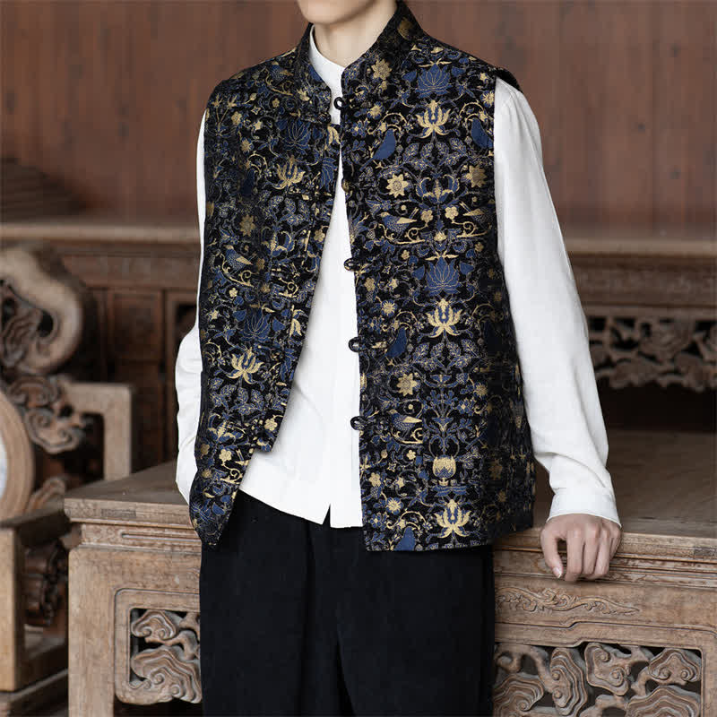 Buddha Stones Fall Vintage Tang Style Frog Button Floral Leaves Tank Top Men's Vest - MidnightBlue - US/UK/AU46，EU56 (5XL) - image 14