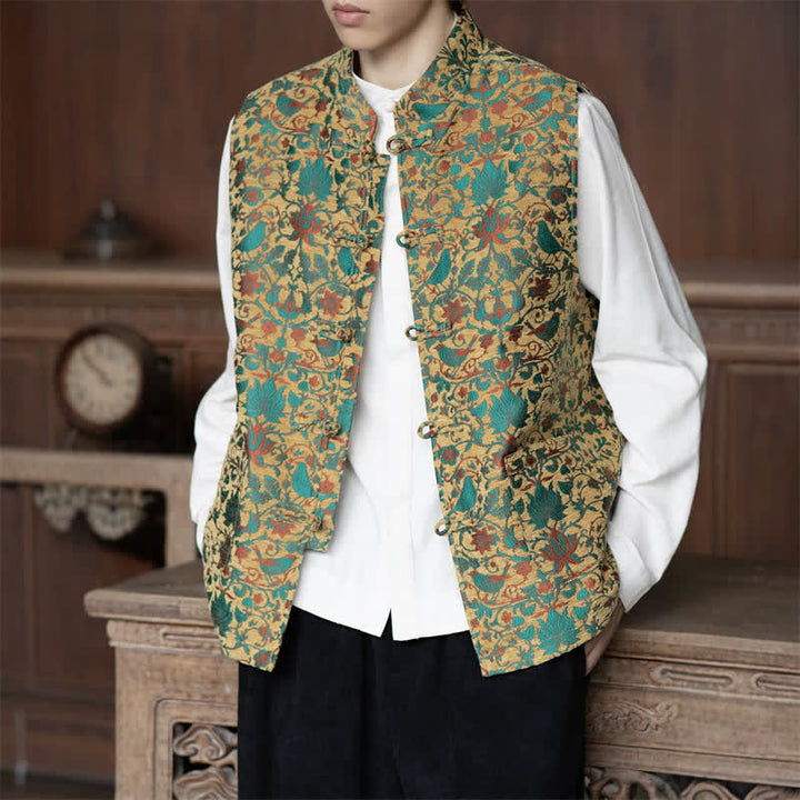 Buddha Stones Fall Vintage Tang Style Frog Button Floral Leaves Tank Top Men's Vest - YellowGreen - US/UK/AU46，EU56 (5XL) - image 15