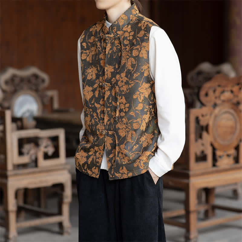 Buddha Stones Fall Vintage Tang Style Frog Button Floral Leaves Tank Top Men's Vest - image 9