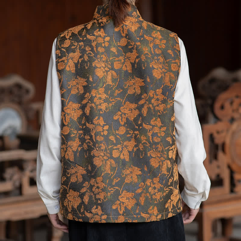 Buddha Stones Fall Vintage Tang Style Frog Button Floral Leaves Tank Top Men's Vest - image 4
