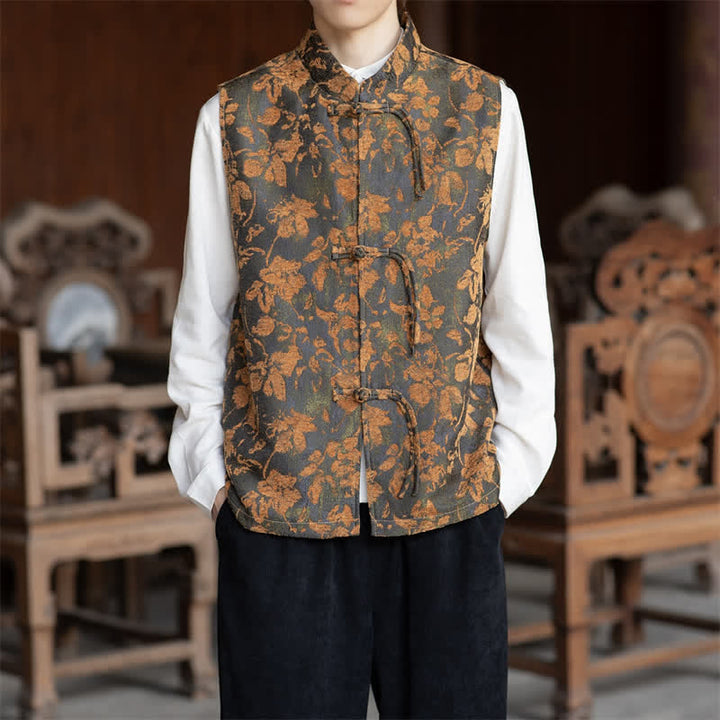 Buddha Stones Fall Vintage Tang Style Frog Button Floral Leaves Tank Top Men's Vest - image 8
