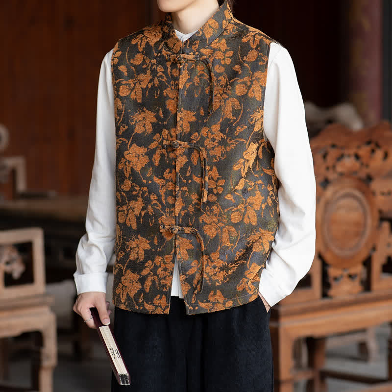 Buddha Stones Fall Vintage Tang Style Frog Button Floral Leaves Tank Top Men's Vest - image 5