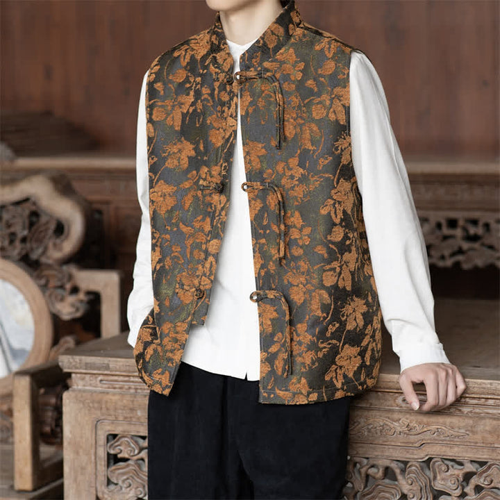 Buddha Stones Fall Vintage Tang Style Frog Button Floral Leaves Tank Top Men's Vest - image 7