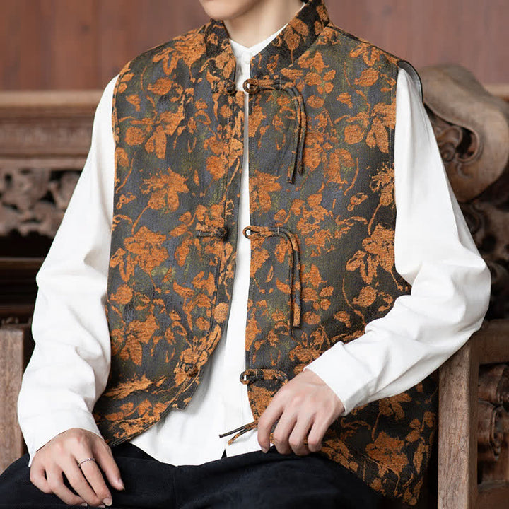 Buddha Stones Fall Vintage Tang Style Frog Button Floral Leaves Tank Top Men's Vest - image 10