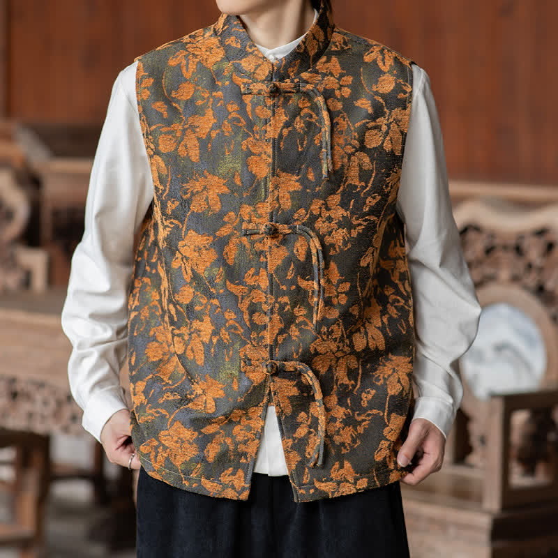 Buddha Stones Fall Vintage Tang Style Frog Button Floral Leaves Tank Top Men's Vest - image 6