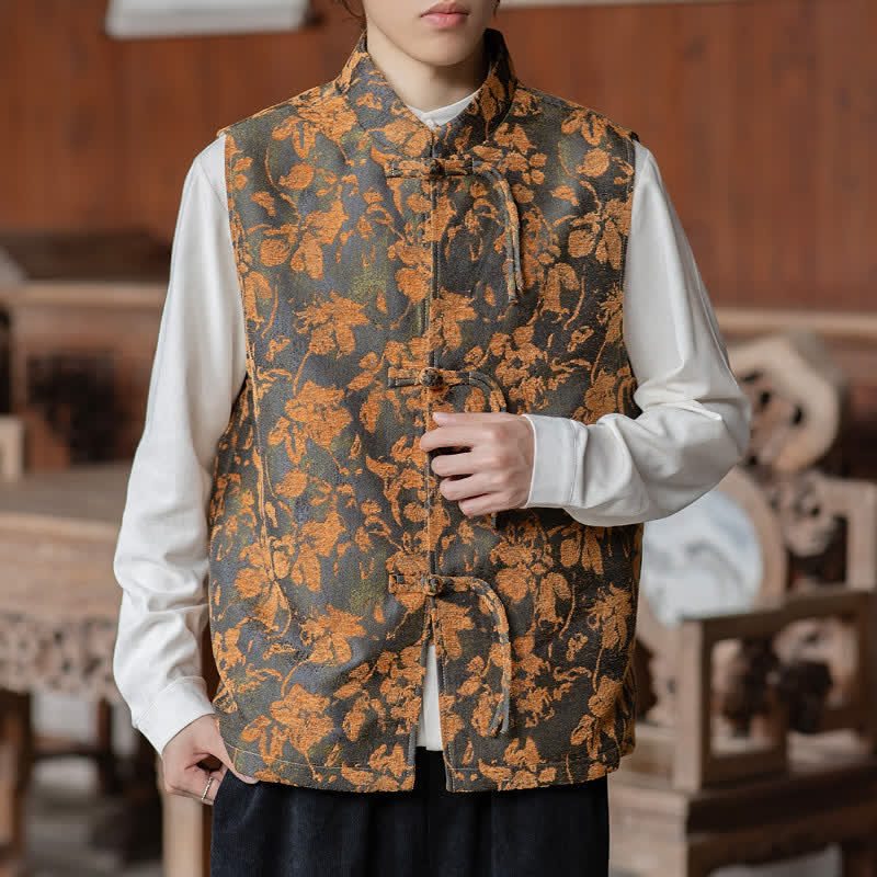 Buddha Stones Fall Vintage Tang Style Frog Button Floral Leaves Tank Top Men's Vest - image 3