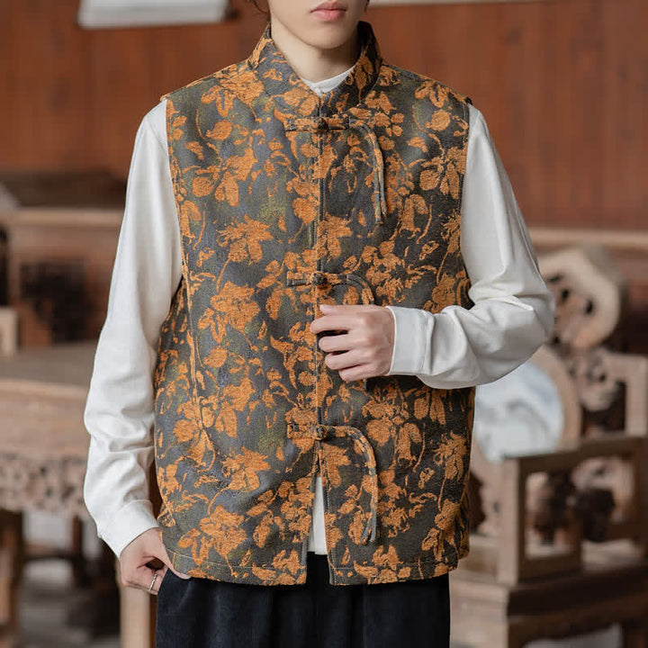 Buddha Stones Fall Vintage Tang Style Frog Button Floral Leaves Tank Top Men's Vest - image 3