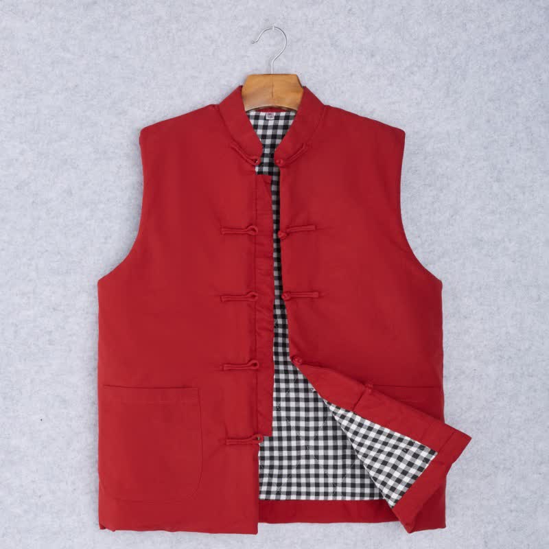 Buddha Stones Spring Fall Minimalist Tang Style Mandarin Collar Knot Button Solid Tank Top Men's Vest With Pocket - FireBrick - US/UK/AU44，EU54 (4XL) - image 3