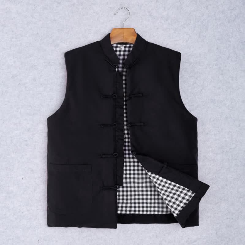 Buddha Stones Spring Fall Minimalist Tang Style Mandarin Collar Knot Button Solid Tank Top Men's Vest With Pocket - Black - US/UK/AU44，EU54 (4XL) - image 2