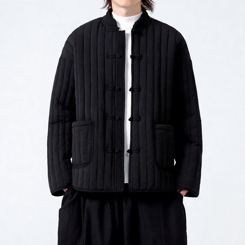Buddha Stones Fall Winter Tang Style Minimalist Quilted Design Frog Button Solid Men's Jacket With Pockets - image 1