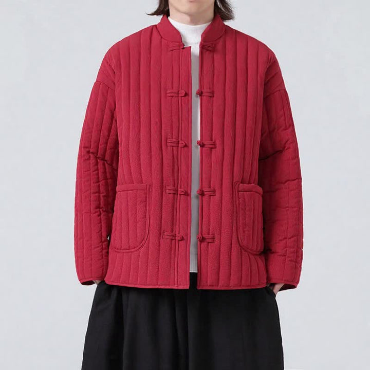 Buddha Stones Fall Winter Tang Style Minimalist Quilted Design Frog Button Solid Men's Jacket With Pockets - Firebrick - US/UK/AU46，EU56 (5XL) - image 12